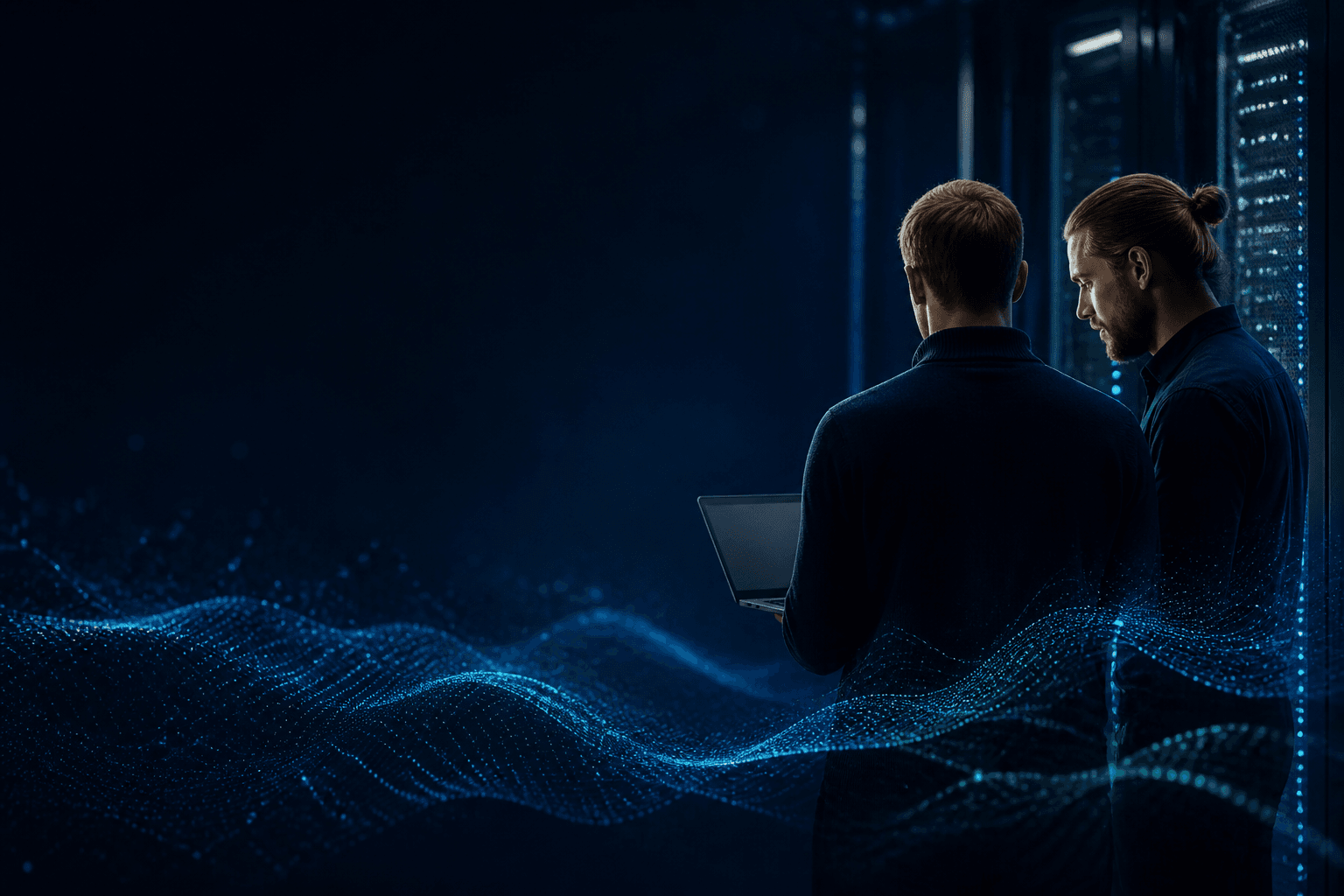 Platform engineers working beside server infrastructure